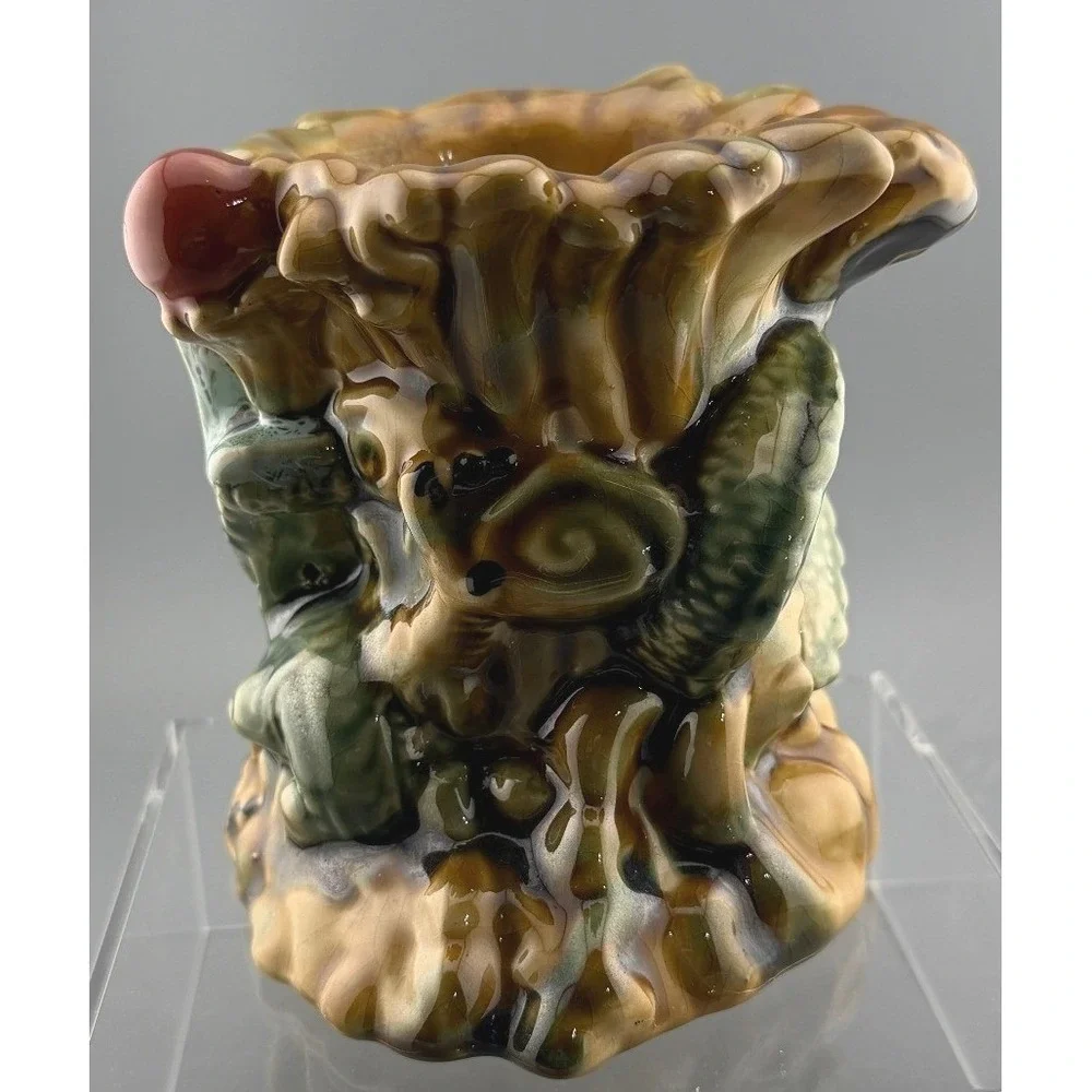 Vintage Dragon Vase Figural Art Pottery Majolica Style Green Brown Ceramic 5